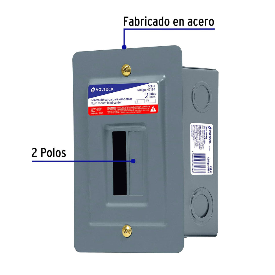 Centro de carga empotrable, 2 polos, Volteck Caja con 2, 47194