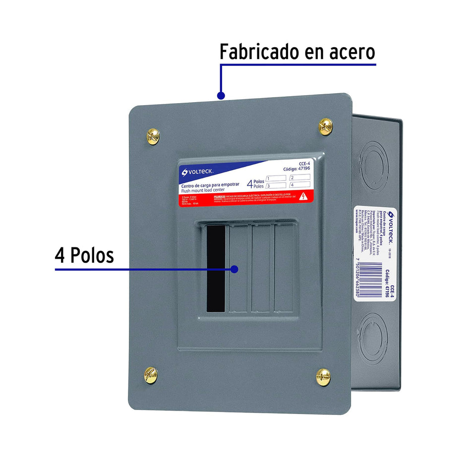 Centro de carga empotrable, 4 polos, Volteck Caja con 2, 47196