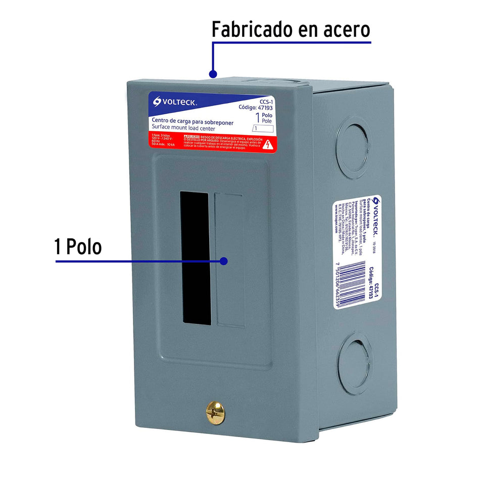 Centro de carga de sobreponer, 1 polo, Volteck Caja con 2, 47193
