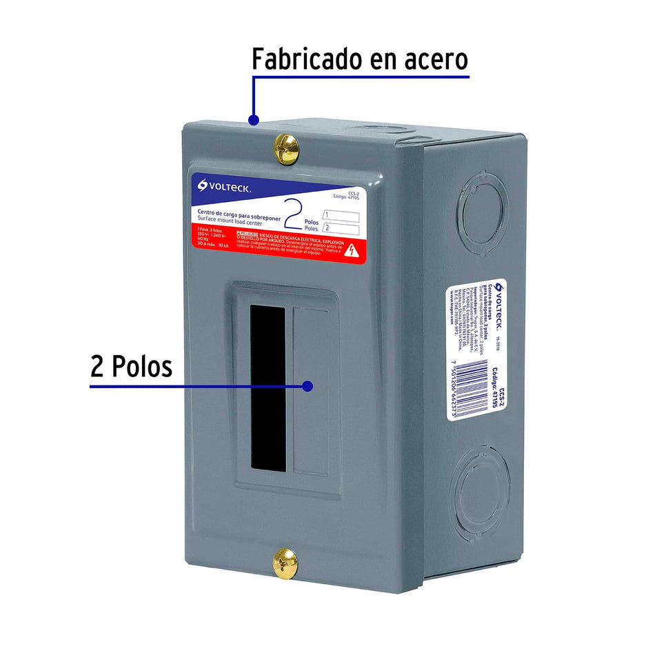 Centro de carga de sobreponer, 2 polos, Volteck Caja con 4, 47195