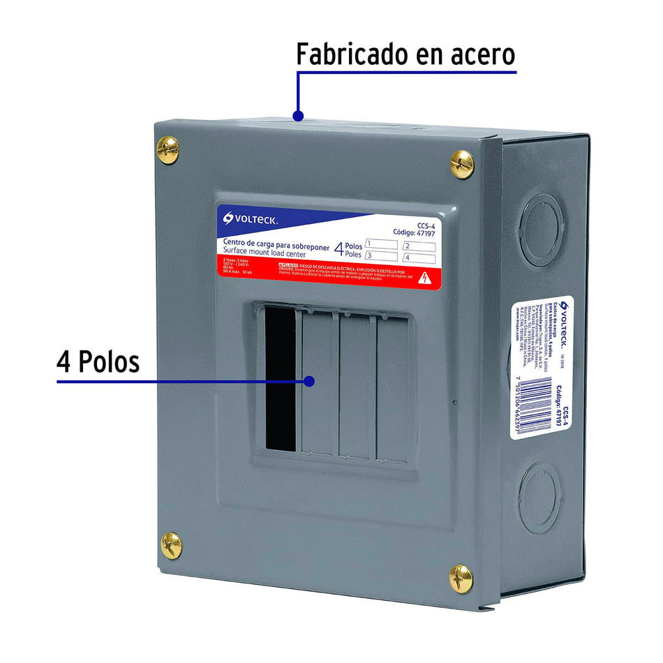 Centro de carga de sobreponer, 4 polos, Volteck Caja con 2, 47197