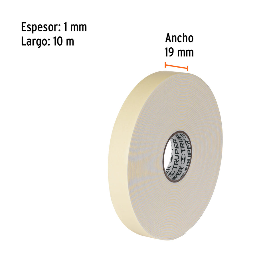 Cinta doble cara de 19 mm x 10 m, Truper Caja con 6, 11726