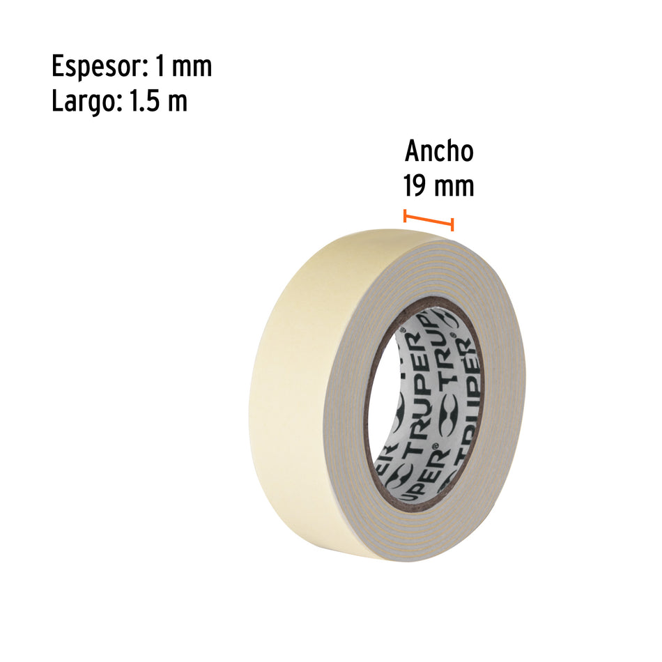 Cinta doble cara de 19 mm x 1.5 m, Truper Caja con 12, 11724
