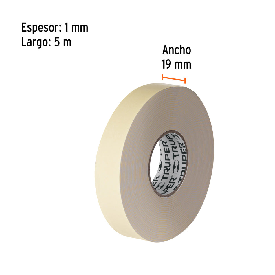 Cinta doble cara de 19 mm x 5 m, Truper Caja con 12, 11725
