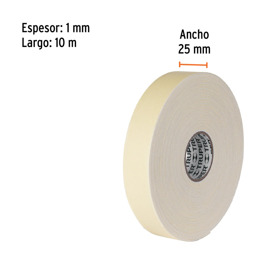 Cinta doble cara de 25 mm x 10 m, Truper Caja con 6, 11728