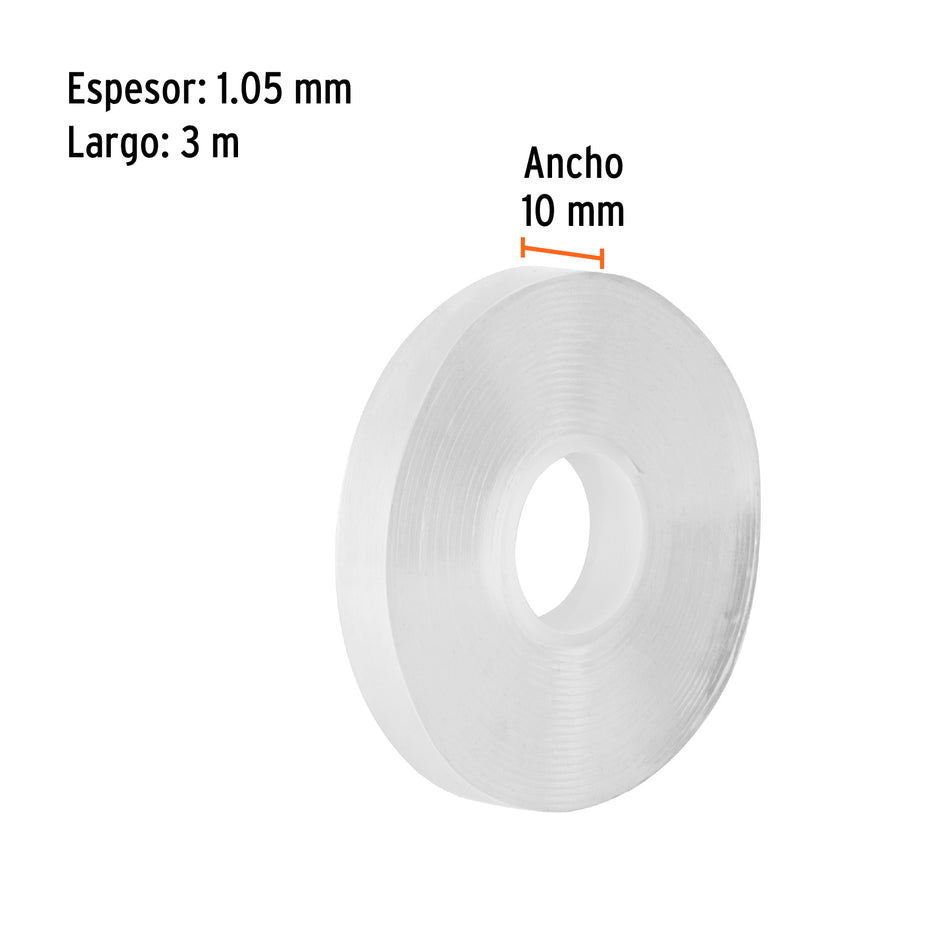 Cinta doble cara reutilizable, transparente 3mx10mm, Truper Caja con 6, 103223