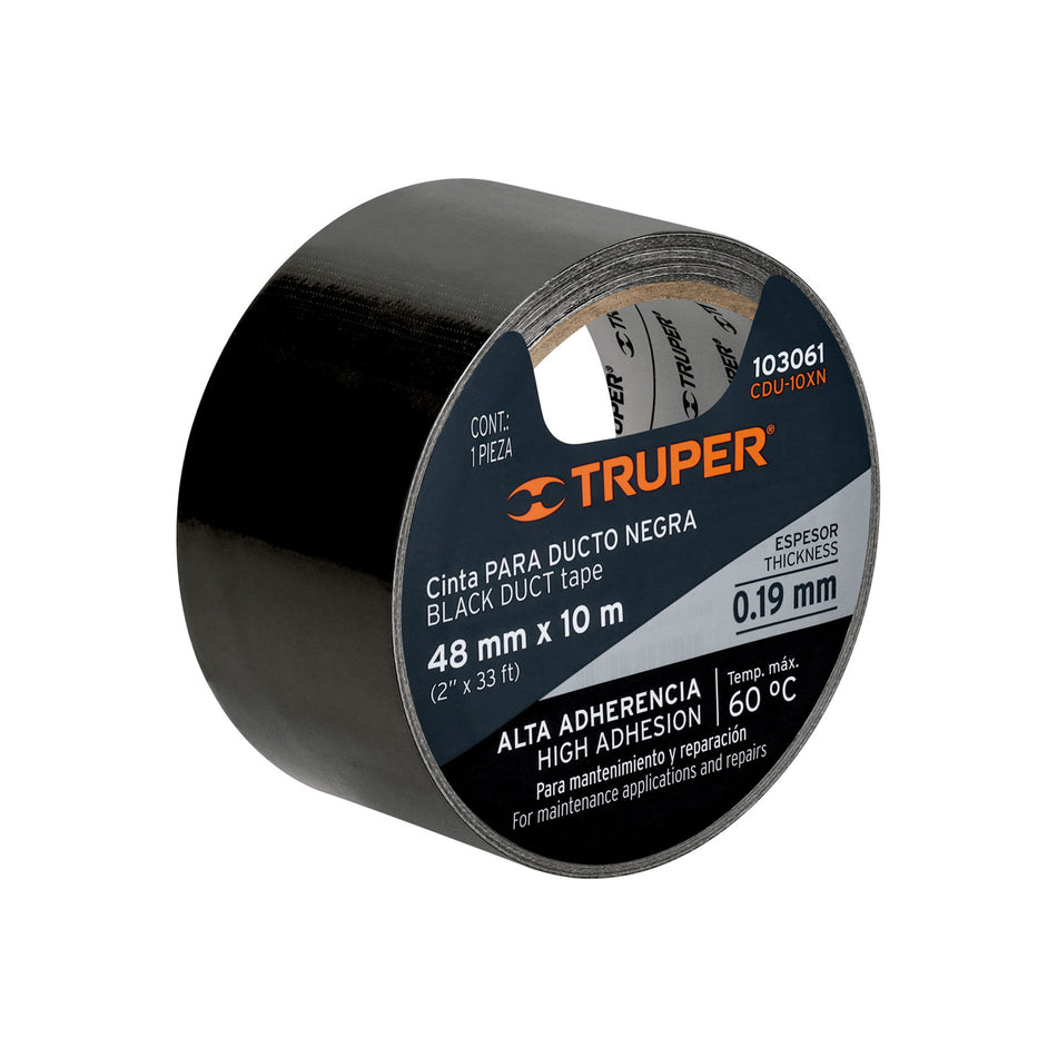 Cinta negra para ducto 10m x 48mm, espesor 0.19mm, Truper Caja con 6, 103061