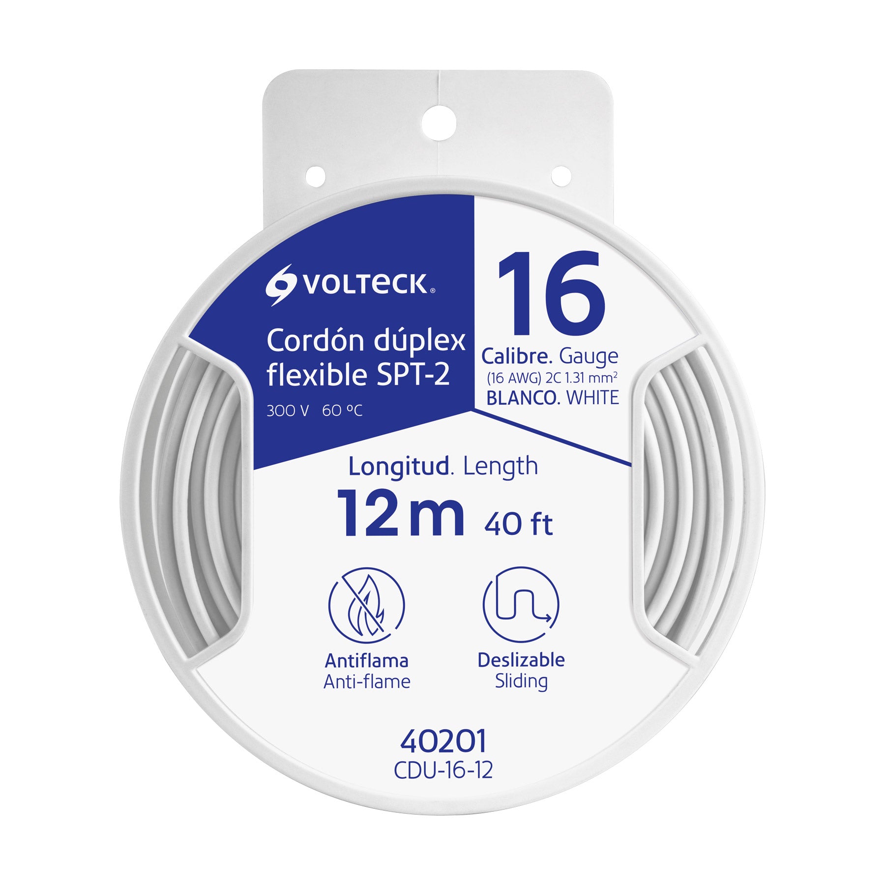 Carrete con 12 m cordón dúplex flexible SPT 16 AWG, Volteck, 40201