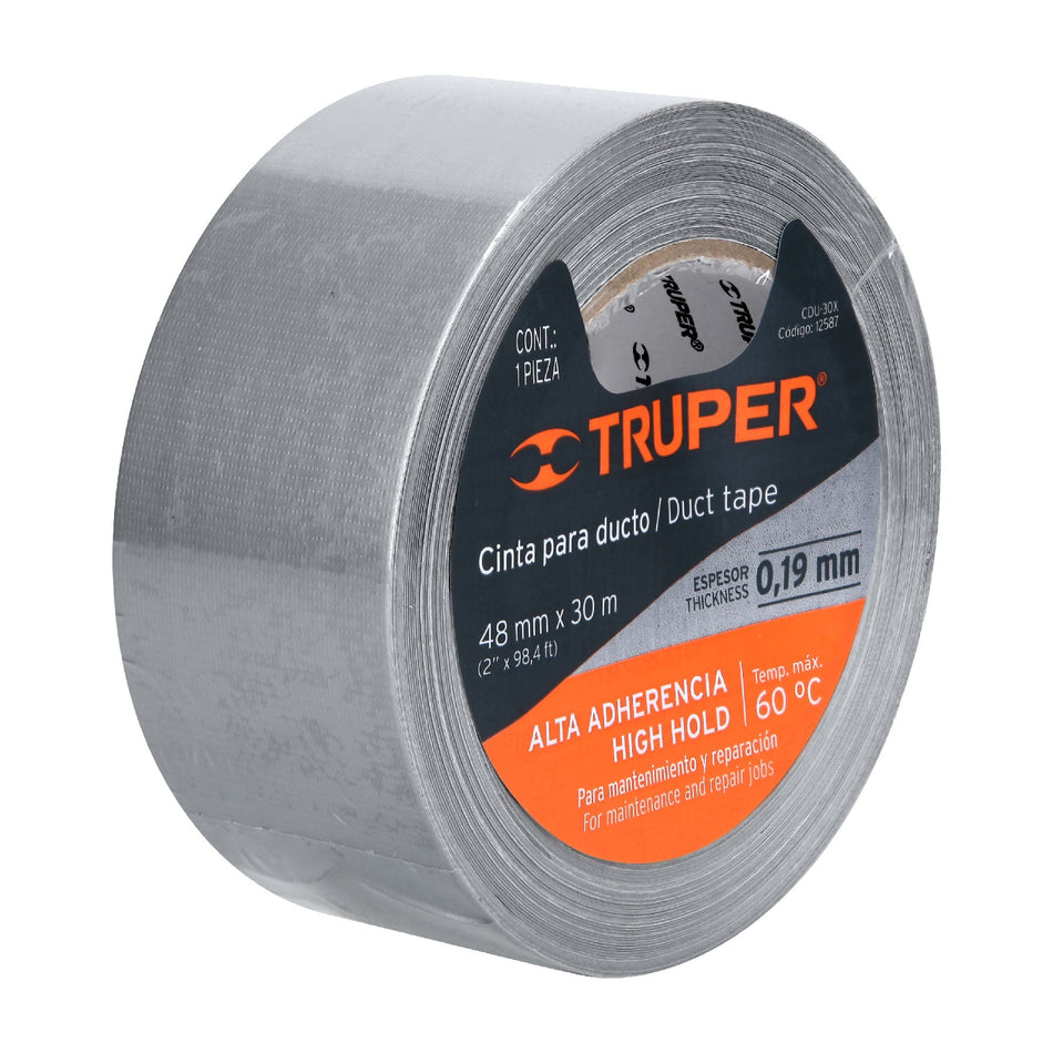Cinta para ducto 30m x 48mm, espesor 0.19mm, Truper Caja con 4, 12587