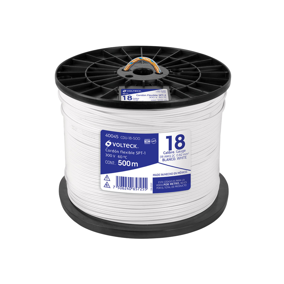 Metro de cordón dúplex flexible SPT 18 AWG en carrete 500 m Caja con 500, 40045