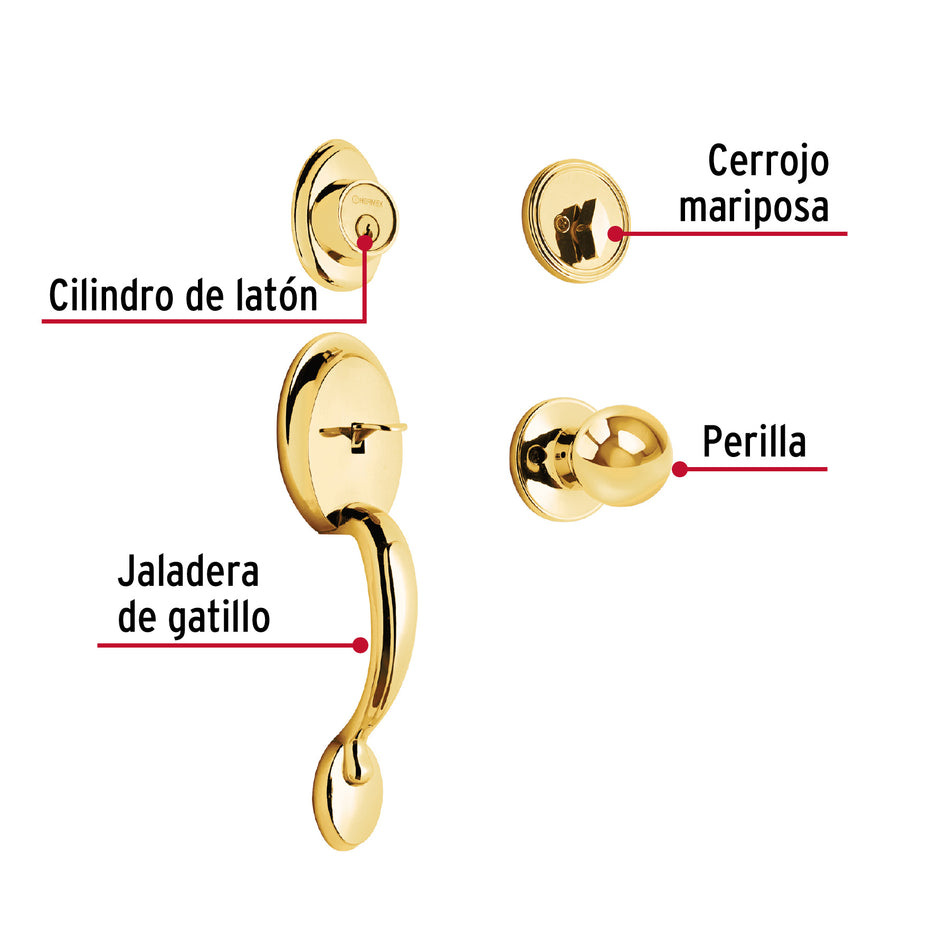 Jaladera, perilla y cerrojo mariposa, latón brillante, Basic, 23671
