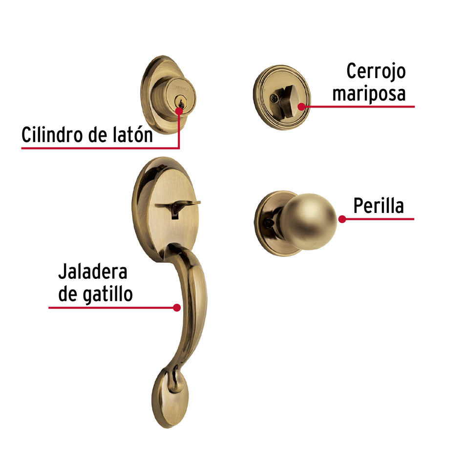 Jaladera, perilla y cerrojo mariposa, latón antiguo, Basic, 23673