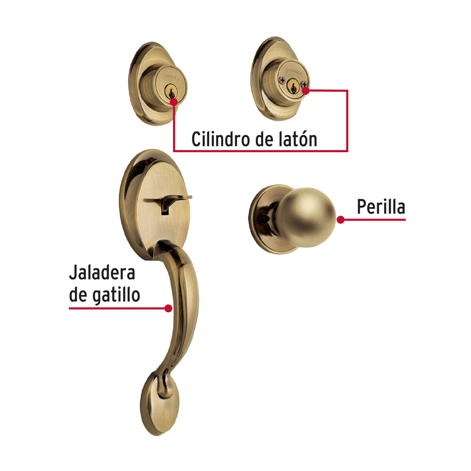Jaladera, perilla y cerrojo llave, latón antiguo, Basic, 23672