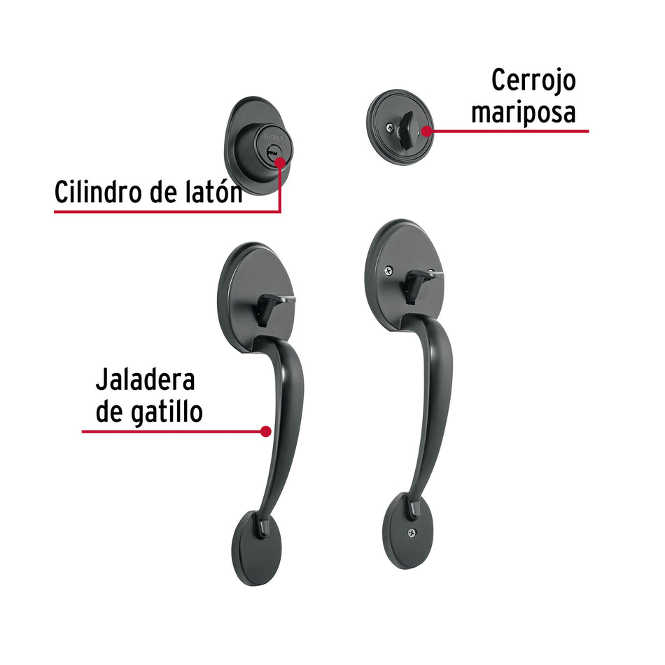 Doble jaladera, perilla y cerrojo llave-mariposa, negro, 48438