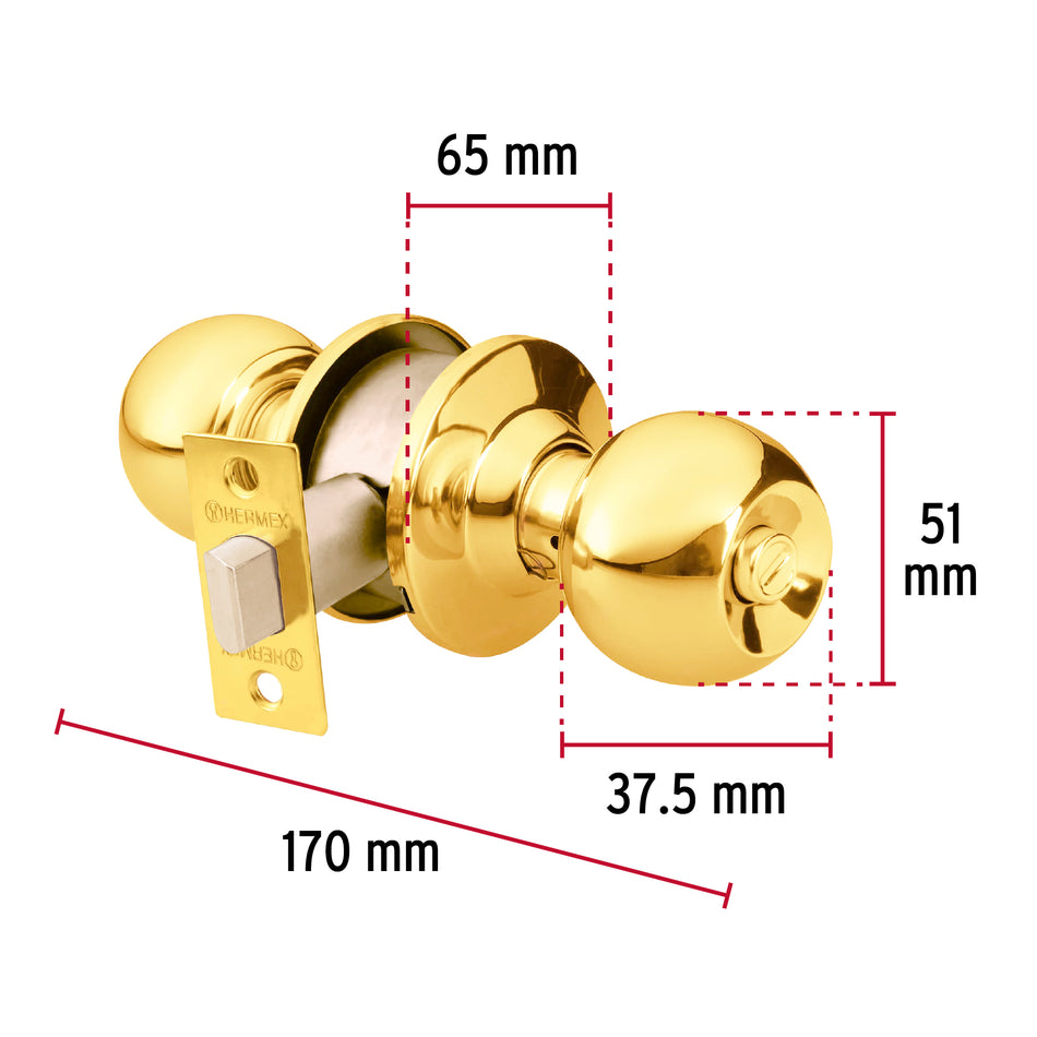 Cerradura tipo esfera para baño, latón brillante, Hermex Caja con 3, 43471