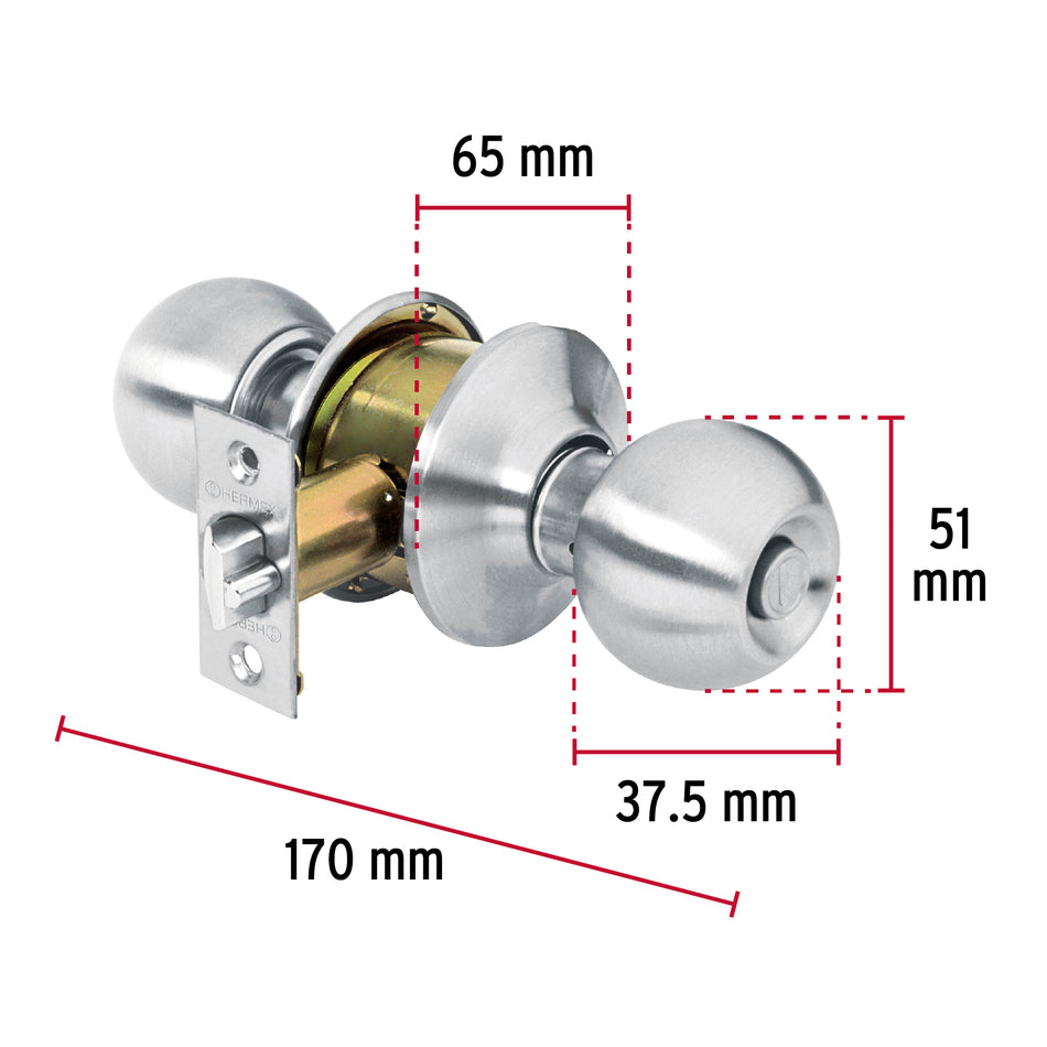 Cerradura tipo esfera para recámara, cromo mate, Hermex Caja con 3, 43464