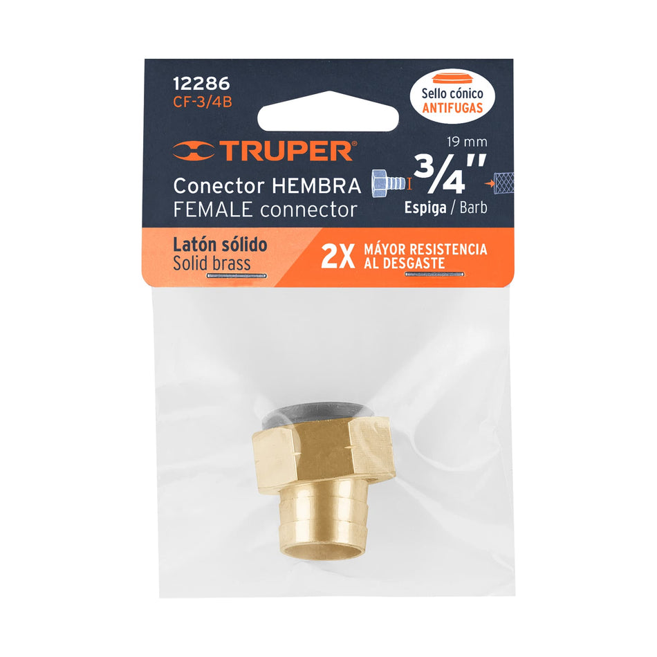 Conector 3/4' hembra de latón sólido para manguera, Truper Caja con 6, 12286