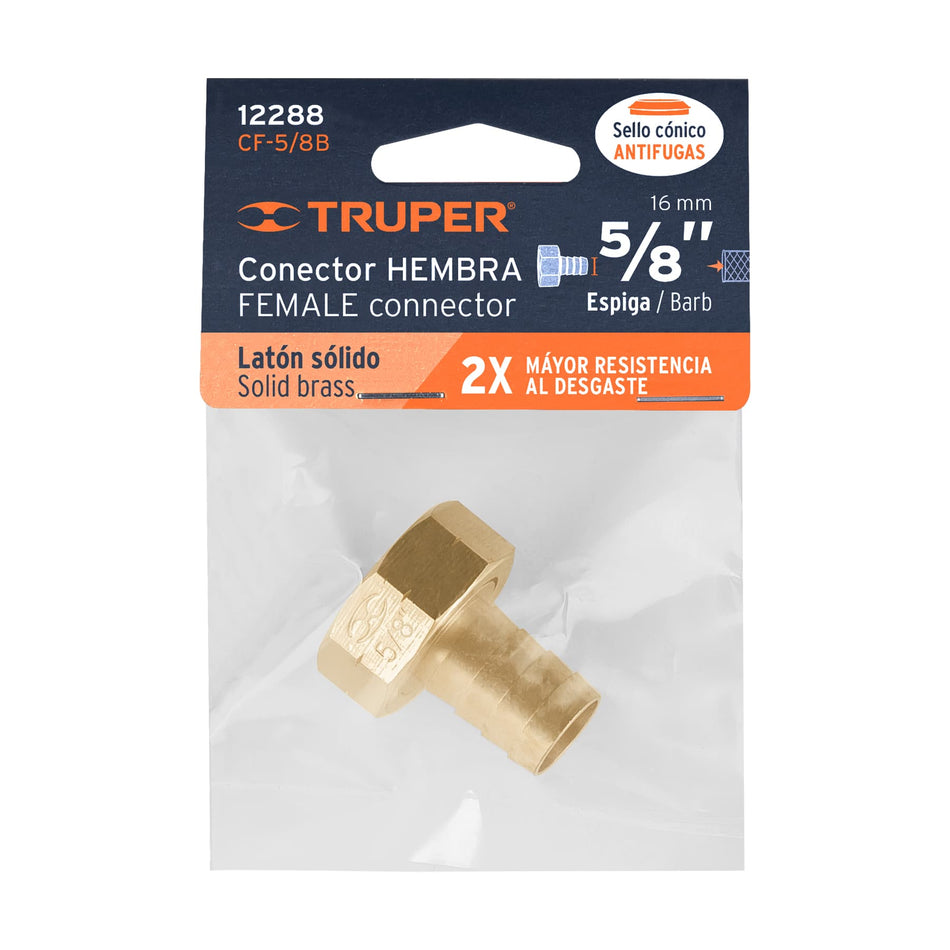 Conector 5/8' hembra de latón sólido para manguera, Truper Caja con 6, 12288