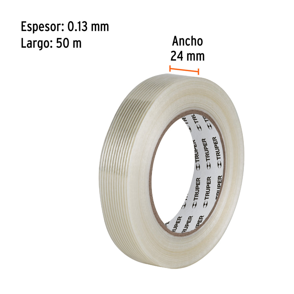 Cinta flejadora con filamentos 24mm x 50 m, transparente Caja con 6, 103029