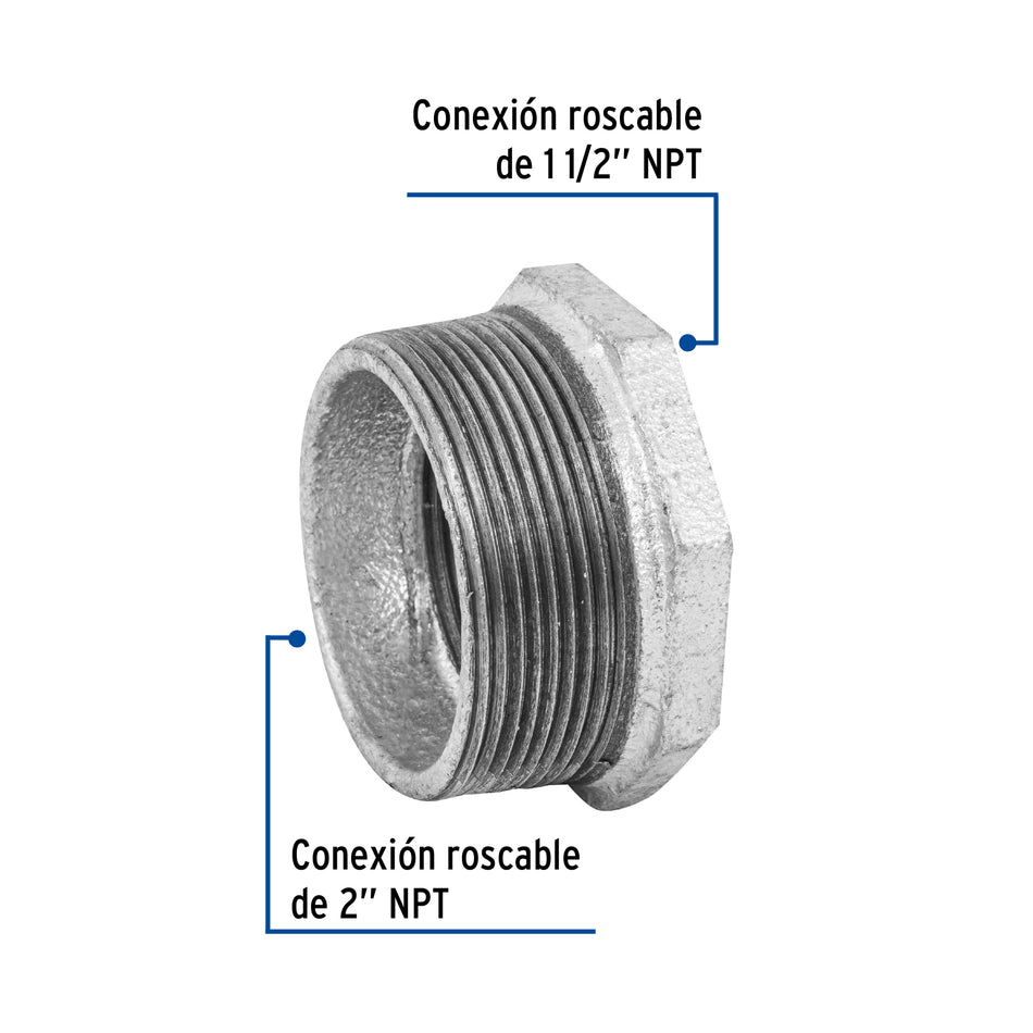 Reducción bushing acero galvanizado 2 x 1-1/2', Foset Caja con 4, 48782