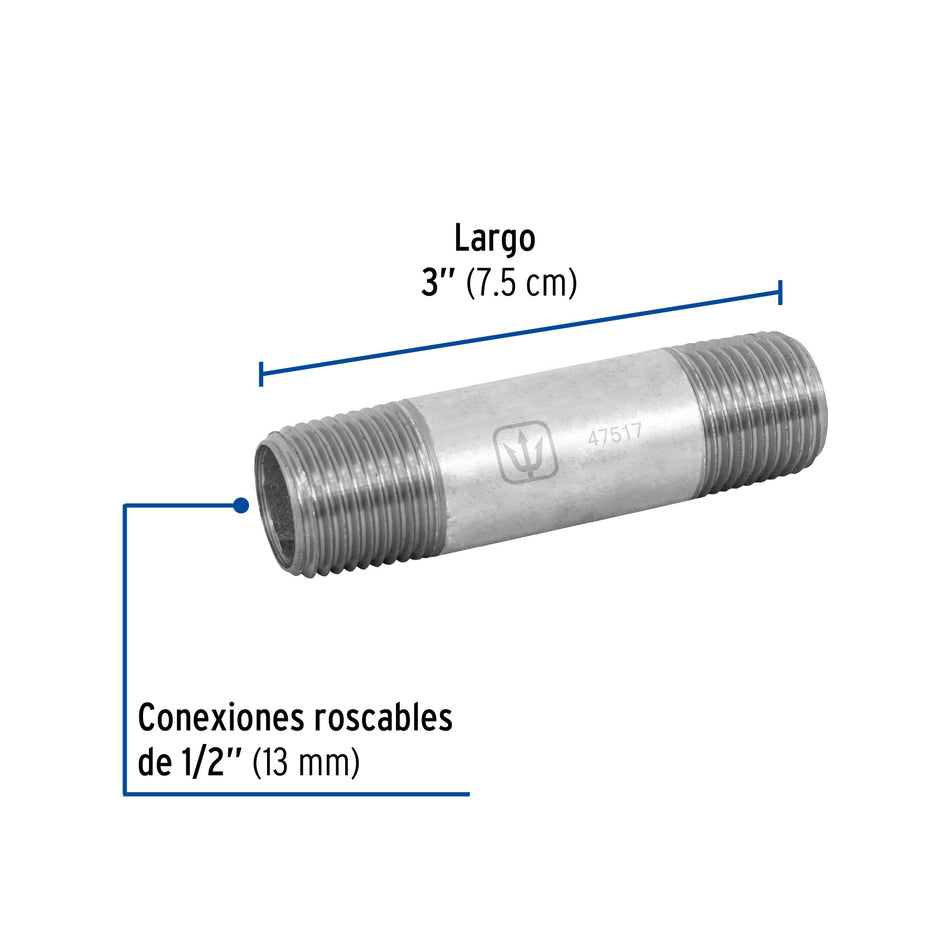 Niple de acero galvanizado 1/2' x 3', Foset Caja con 10, 47517