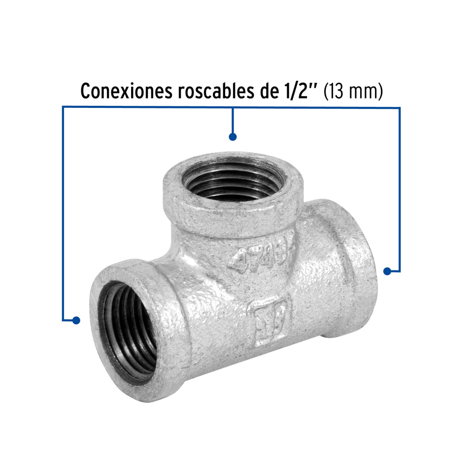 Tee sencilla 1/2' acero galvanizado, Foset Caja con 10, 47485