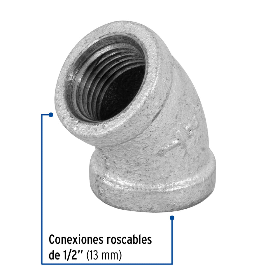 Codo 45° acero galvanizado de 1/2', Foset Caja con 5, 47539