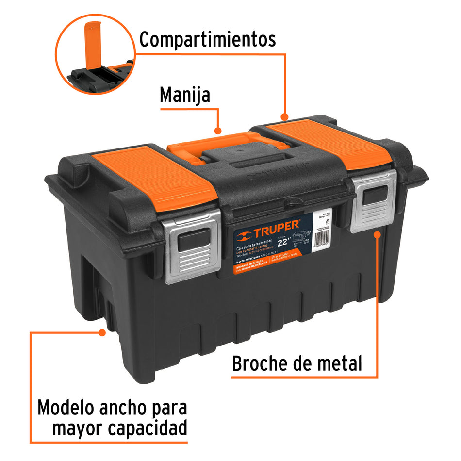 Caja p/herramienta 22' c/compartimentos y broches metálicos, 11812