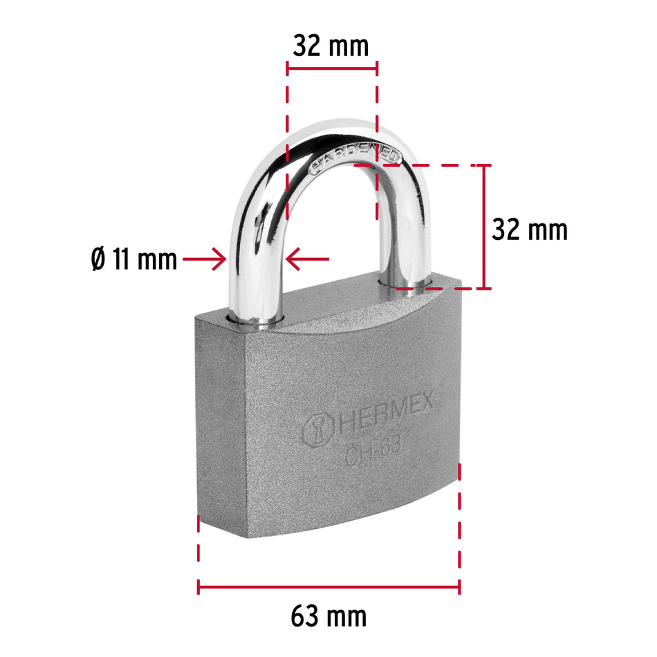 Candado de hierro 63 mm gancho corto en blíster, Hermex Caja con 6, 43803