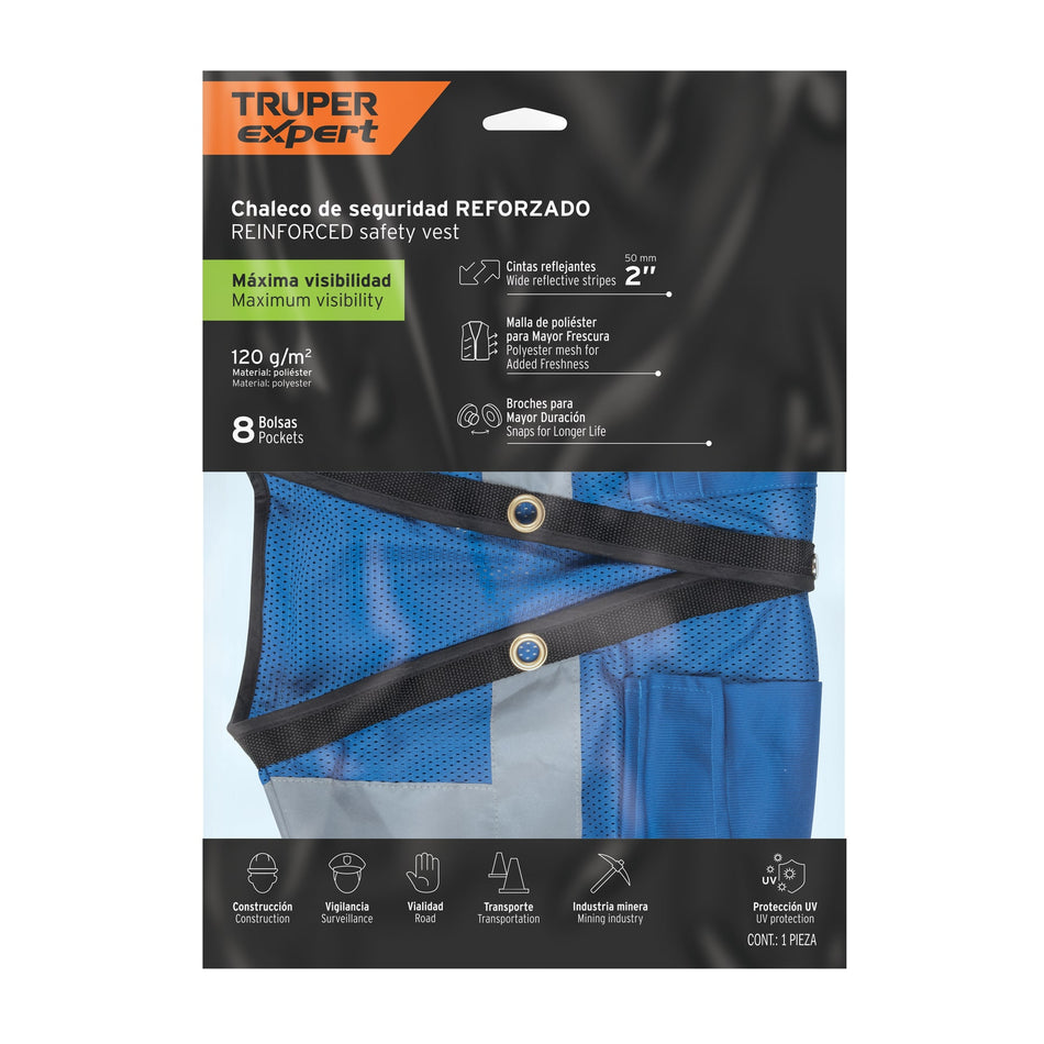 Chaleco seguridad reforzado azul con bolsas, M, Expert Caja con 5, 103986