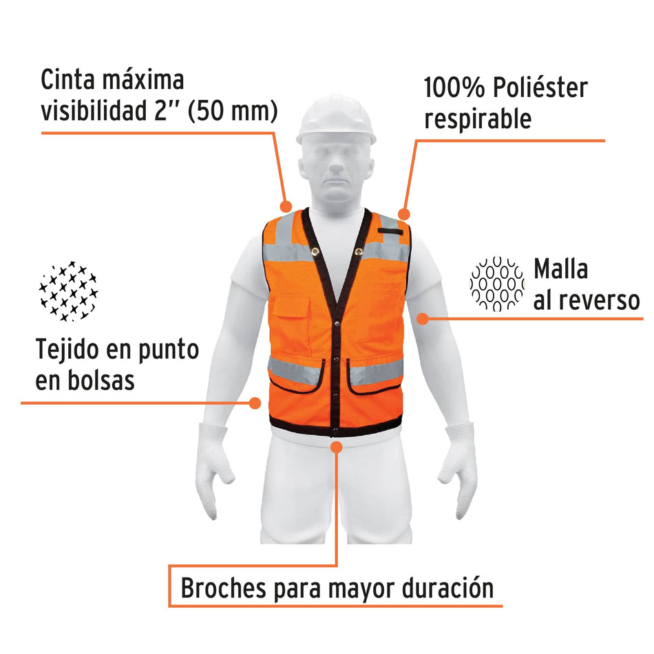 Chaleco seguridad reforzado naranja con bolsas, XG, Expert Caja con 5, 13481