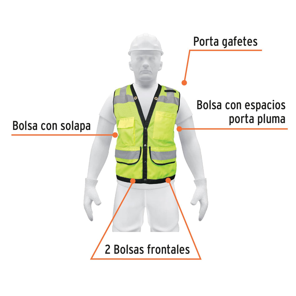 Chaleco seguridad reforzado verde con bolsas, M, Expert Caja con 5, 13482