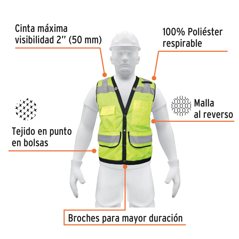Chaleco seguridad reforzado verde con bolsas, XG, Expert Caja con 5, 13484