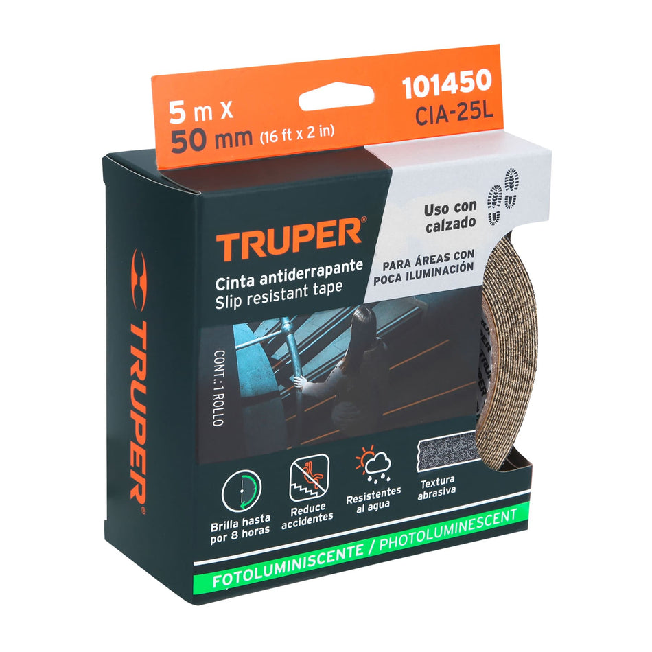 Rollo de 5 m cinta antiderrapante fotolumini. 50 mm abrasivo Caja con 3, 101450