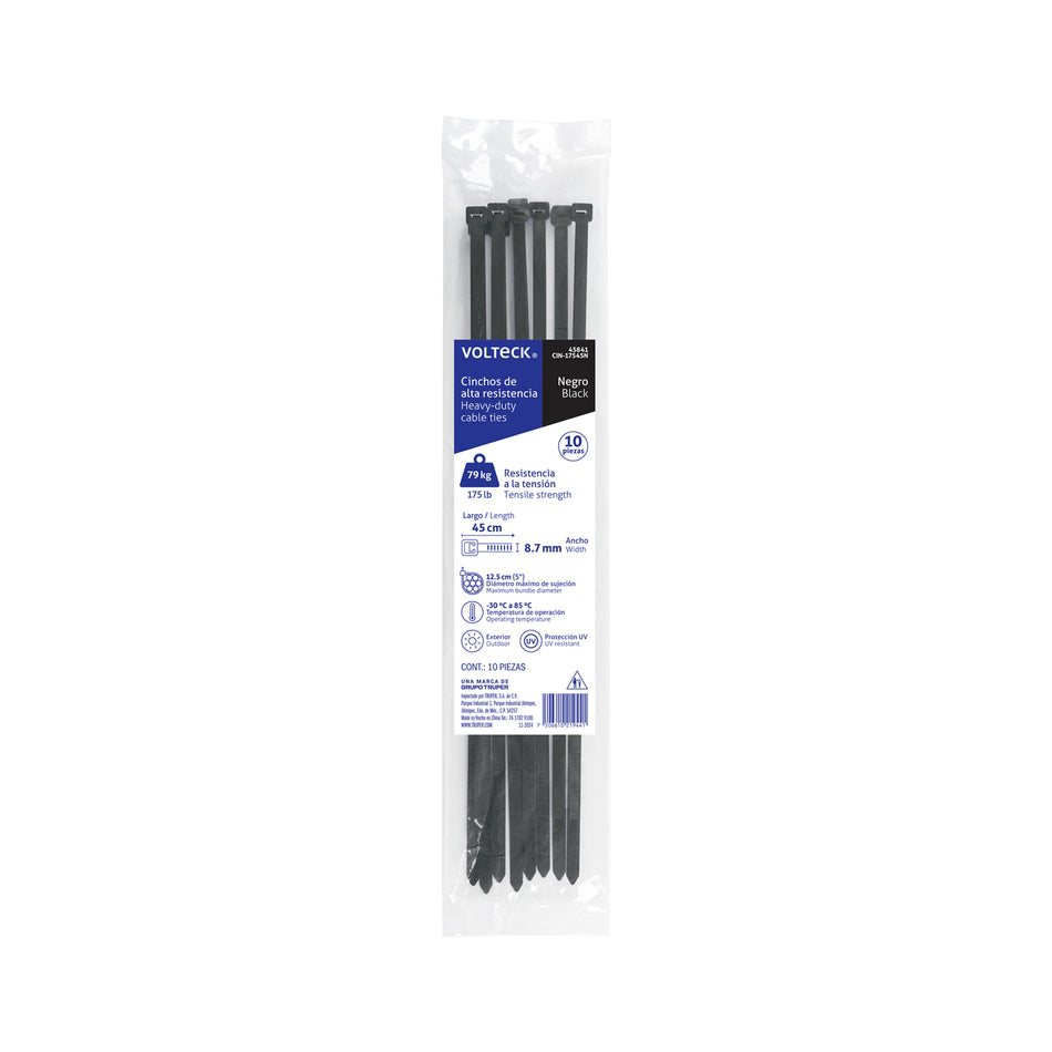 Bolsa con 10 cinchos plásticos 175 lb, 450 x 9 mm, negros Caja con 10, 45841