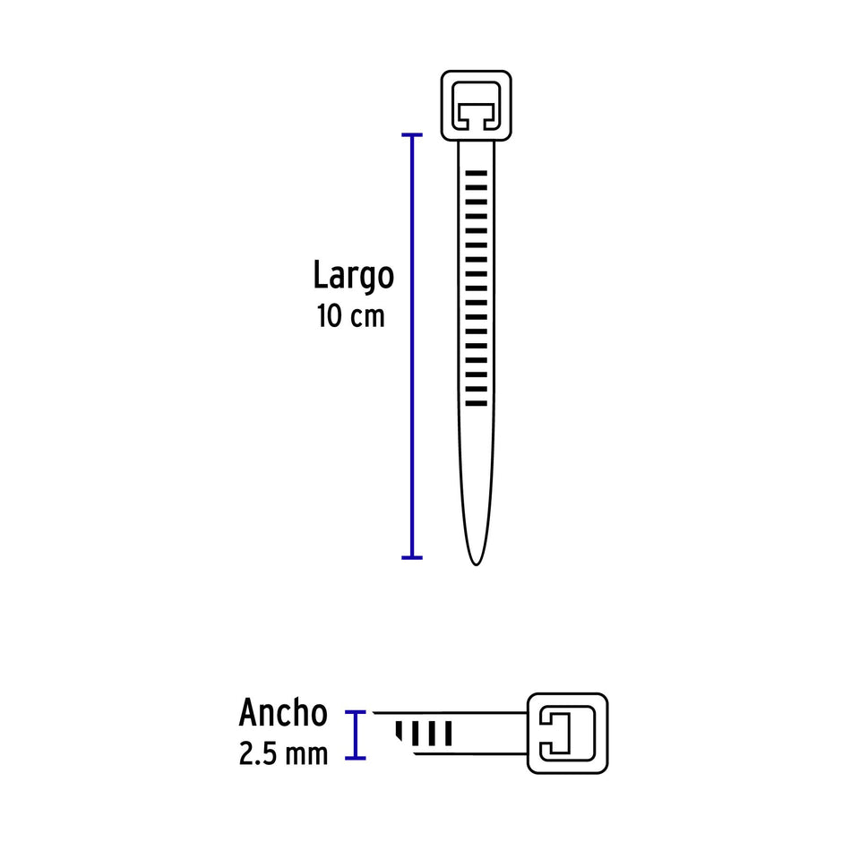 Bolsa con 100 cinchos plásticos 18 lb, 100 x 2.5 mm, azules Caja con 10, 41011