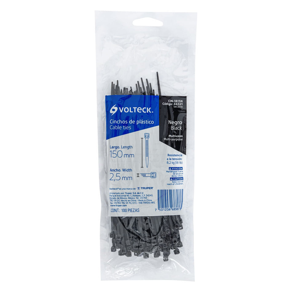 Bolsa con 100 cinchos plásticos 18 lb, 150x2.5 mm, negros Caja con 20, 44321
