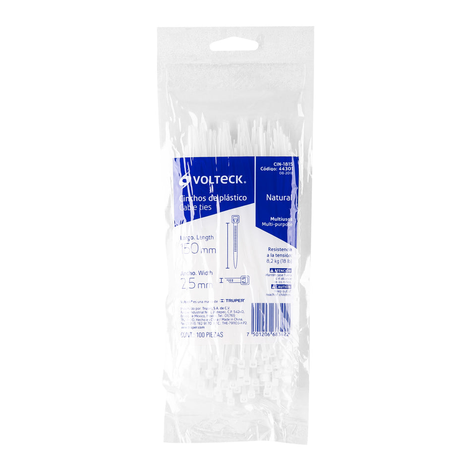 Bolsa con 100 cinchos plásticos 18 lb, 150x2.5 mm, naturales Caja con 20, 44301