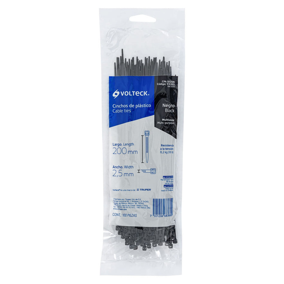 Bolsa con 100 cinchos plásticos 18 lb, 200x2.5 mm, negros Caja con 20, 44322