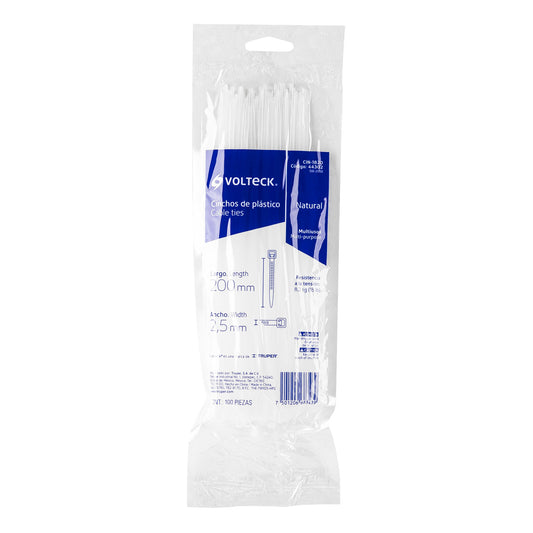 Bolsa con 100 cinchos plásticos 18 lb, 200x2.5 mm, naturales Caja con 20, 44302