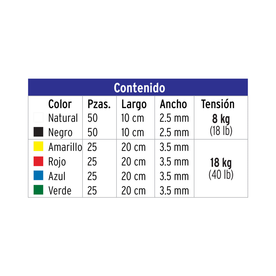 Bolsa con 200 cinchos plásticos en colores surtidos, Volteck Caja con 4, 44019
