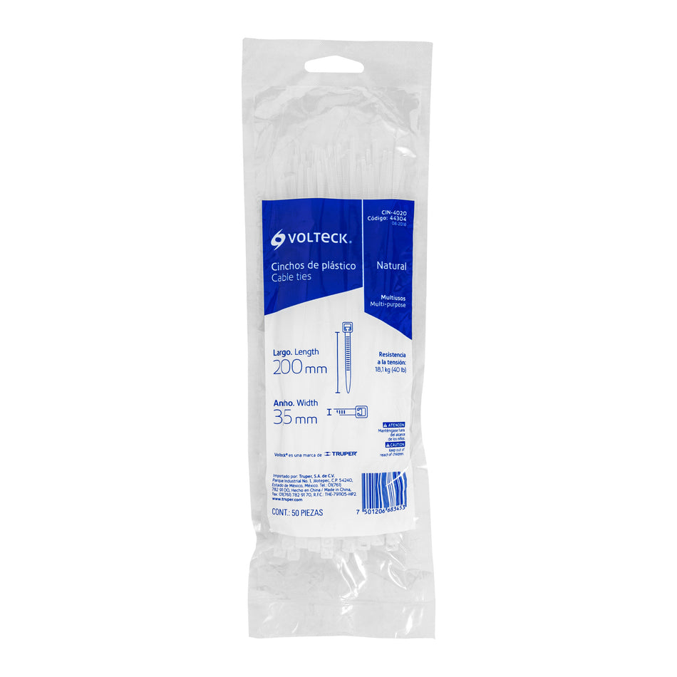 Bolsa con 50 cinchos plásticos 40 lb, 200x3.5 mm, naturales Caja con 20, 44304