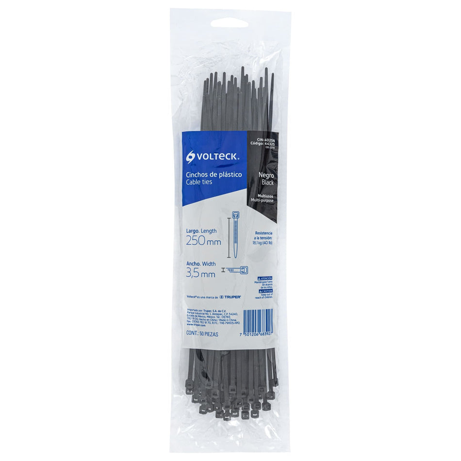 Bolsa con 50 cinchos plásticos 40 lb, 250x3.5 mm, negros Caja con 20, 44325