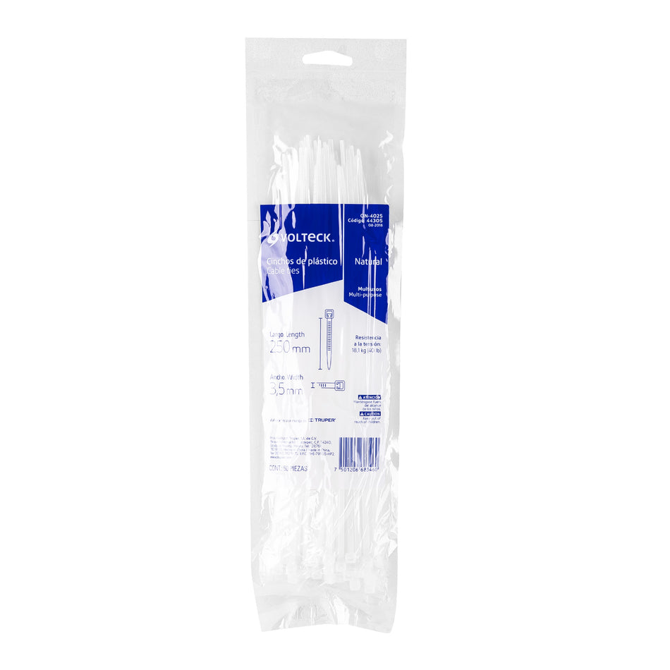 Bolsa con 50 cinchos plásticos 40 lb, 250x3.5 mm, naturales Caja con 20, 44305