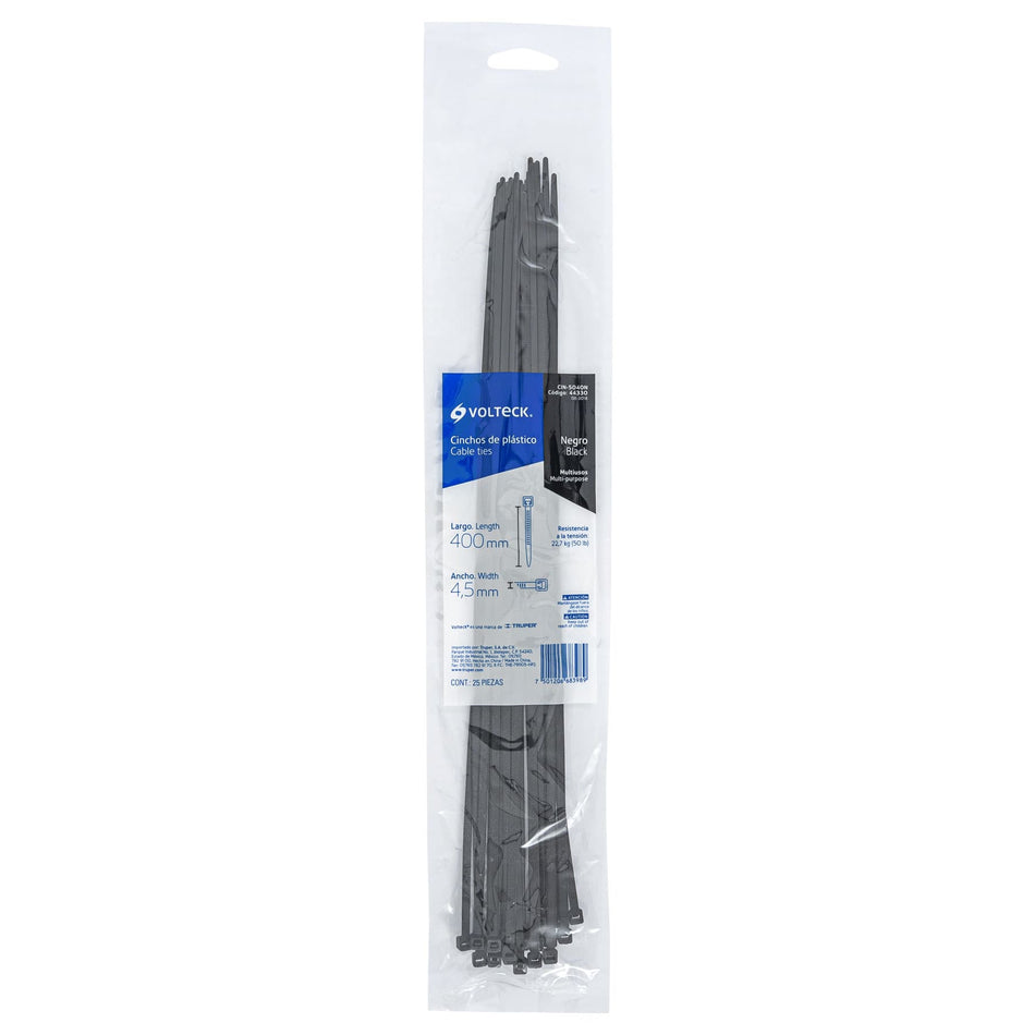 Bolsa con 25 cinchos plásticos 50 lb, 400x4.5 mm, negros Caja con 20, 44330