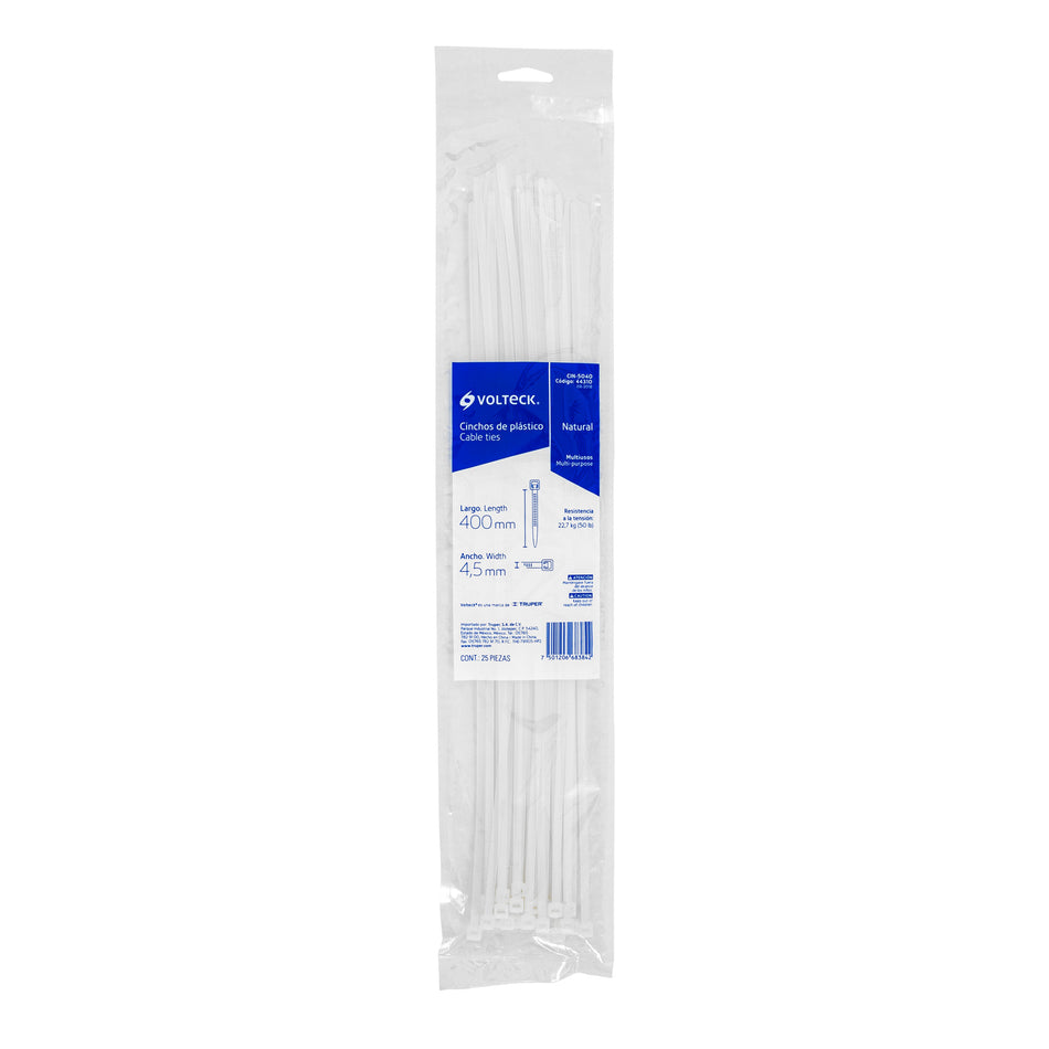 Bolsa con 25 cinchos plásticos 50 lb, 400x4.5 mm, naturales Caja con 20, 44310