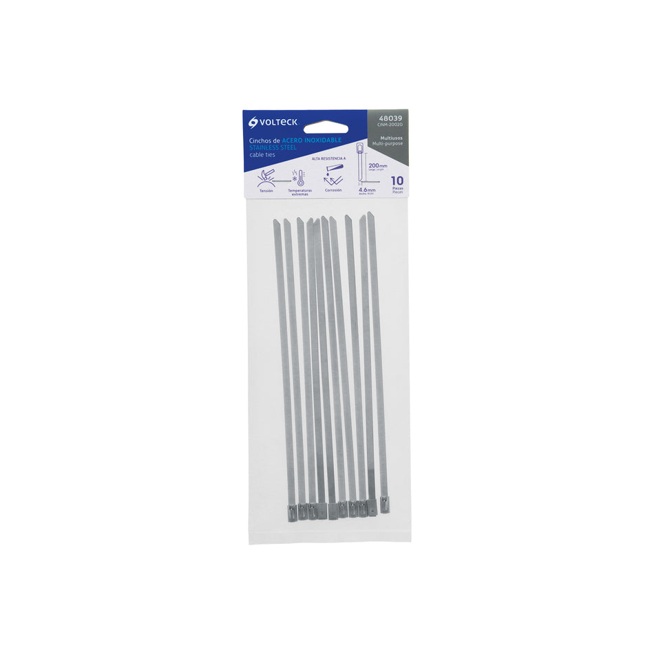 Bolsa con 10 cinchos de 20 cm,acero inoxidable,99 lb,VOLTECK Caja con 10, 48039