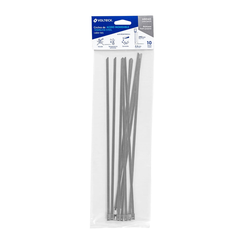 Bolsa con 10 cinchos de 29 cm,acero inoxidable,99 lb,VOLTECK Caja con 10, 48040