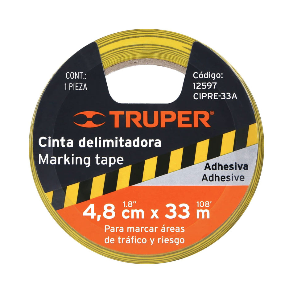 Rollo de 33 m de cinta delimitadora amarilla / negro, Truper Caja con 6, 12597