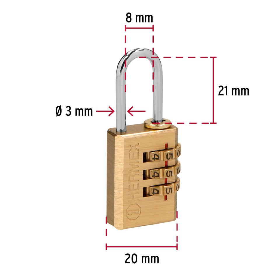 Candado de combinación 20 mm cuerpo de latón en blíster Caja con 6, 43346